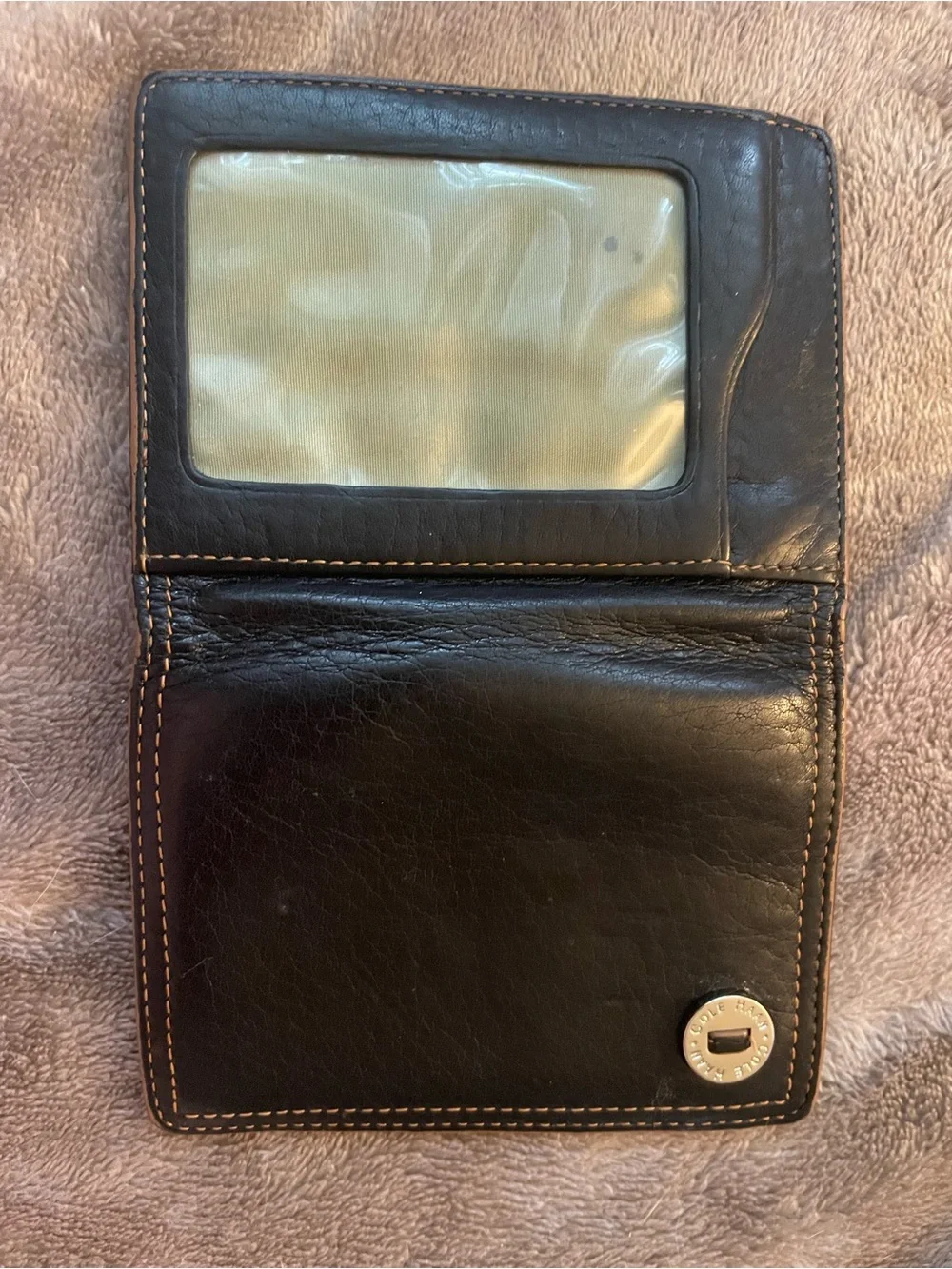 Cole Haan Black Leather Bi-Fold Wallet with Tan Contrast Stitching